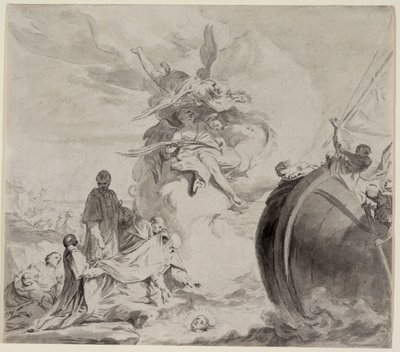 Hodet av Saint Torpe reddet av engler og restaurert til erkebiskop Frederigo (grå vask over svart kritt på papir) av Giambettino Cignaroli