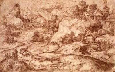 No.0955 Fjelllandskap med en liggende kvinnefigur (penn og sepia på papir) av Gian Battista (attr. to) Angolo del Moro