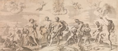 Bacchus med sine ledsagere oppdager Ariadne på øya Naxos, etter Reni, 165..., 1650-80. av Gian Battista Bolognini