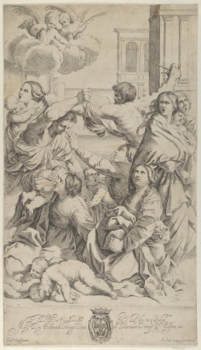 Massakren på de uskyldige, en gruppe kvinner og barn som blir angrepet, to engler en..., ca. 1640-70. av Gian Battista Bolognini
