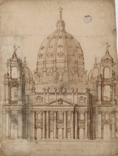 Alternativt forslag til fasaden til Basilica of St. Peter i Vatikanet par Bernini, Gianlorenzo (1598-1680). Penn, pensel, akvarell, indisk blekk på papir av Gian Lorenzo Bernini