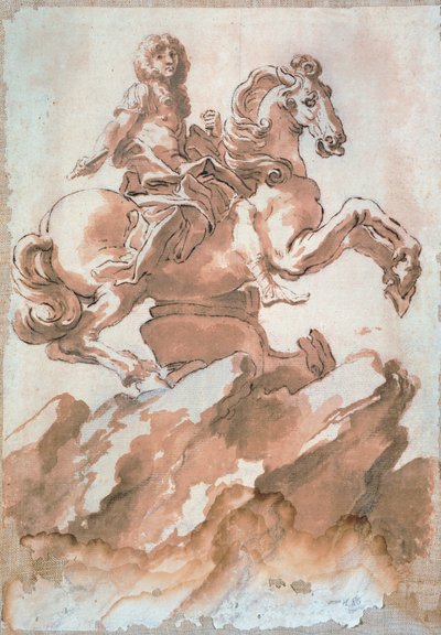 Skisse for Louis XIV på hesteryggen av Gian Lorenzo Bernini (1598-1680), tegning med penn og blekk av Gian Lorenzo Bernini