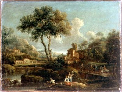 Et skogkledd elvelandskap med reisende av Gianbattista Cimaroli