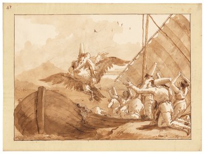 Punchinello båret av en ørn (kritt, penn og blekk, og vask på papir) av Giandomenico (1727 1804) Tiepolo