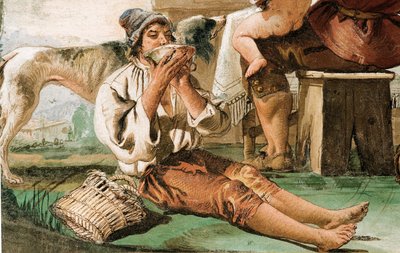 Detalj fra Bondefamilien ved bordet, fra rommet med rustikke scener, i Foresteria, 1757 av Giovanni Domenico Tiepolo