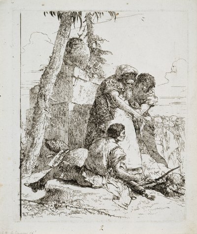 Magiker som peker ut et brennende hode til to ungdommer, ca. 1740-årene av Giovanni Domenico Tiepolo