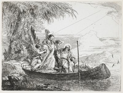 : Den hellige familie går inn i båten fra flukten til Egypt, 1750-1753 av Giovanni Domenico Tiepolo