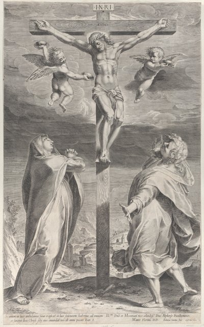 Korsfestelse med Jomfru Maria og evangelisten Johannes, engler over hodet, ca. 1593., ca. 1593 av Gijsbert Van Veen