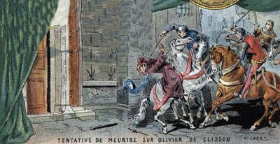 Drapsforsøk på Olivier V de CLISSON (1336-1407) connetable francais. Illustrasjon av Gilbert, sent på 1800-tallet. av Gilbert