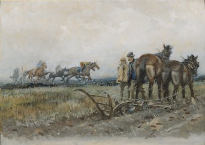 Veddeløpshester på trening overvåket av plogmenn (wc og gouache om bord) av Gilbert Holiday