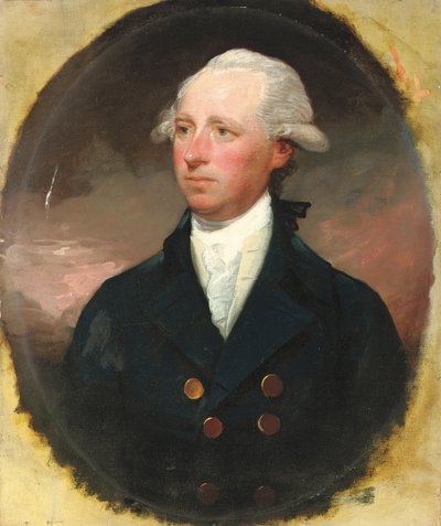 Portrett av Sir Thomas George Skipwith, halvlang, i blå frakk, falsk oval av Gilbert Stuart