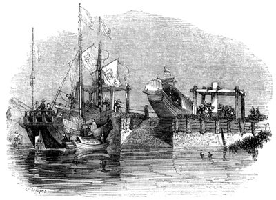 Båt trukket over en sluse eller sluse på en kanal, 1847 av Giles