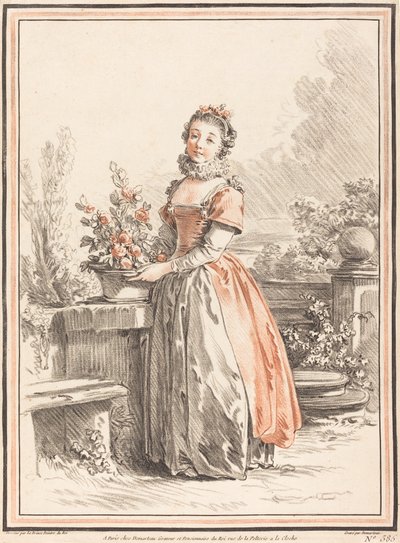 En ung kvinne som står i en park av Gilles Antoine Demarteau after Jean Baptiste Le Prince