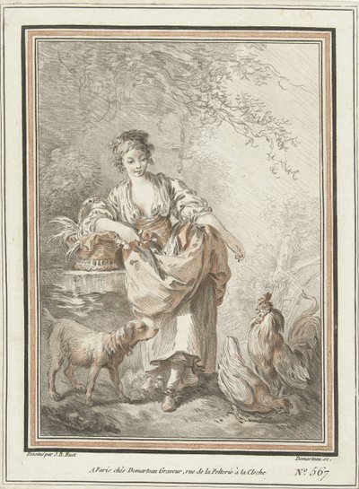 Ung kvinne med hund og hane og høne av Gilles Demarteau