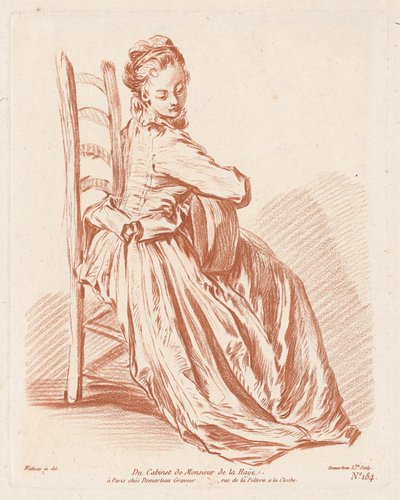 Kvinne som spiller gitar av Gilles Demarteau, the Elder, Antoine Watteau