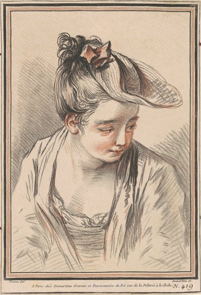 Hodet til en ung kvinne med hatt av Gilles Demarteau the Elder after Antoine Watteau