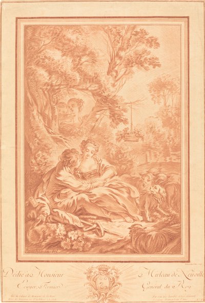 To elskere som sitter ved foten av et stort tre, overrasket av to jenter av Gilles Demarteau, the Elder after François Boucher