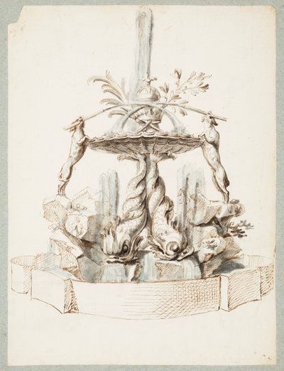 Design for en fontene støttet av delfiner og to hunder av Gilles Marie Oppenord