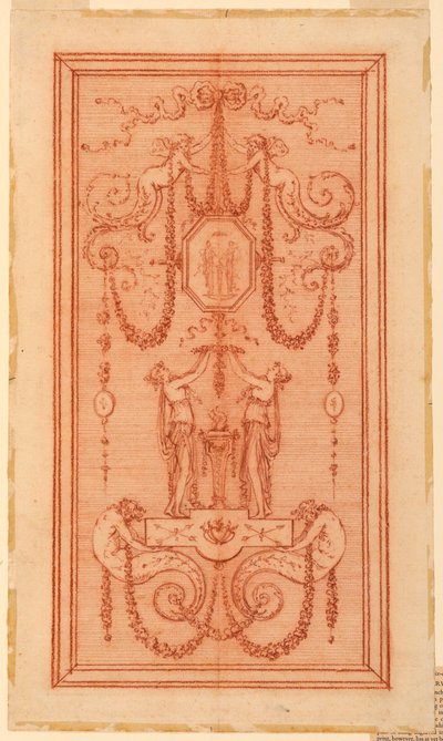 Design for et dekorativt panel (med nymfer og kranser) av Gilles Paul Cauvet