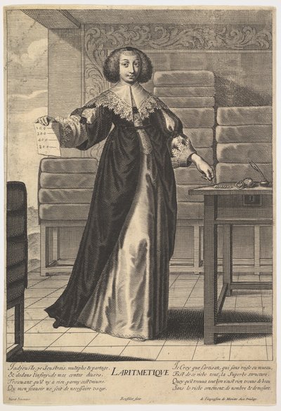 Aritmetikk: en ung kvinne som står ved et bord og holder et ark med påskrevne tall i..., 1633-35. av Gilles Rousselet
