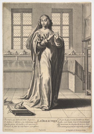 Dialektikk: en ung kvinne som står i et dekorert interiør og berører hennes høyre indeks ..., 1633-35. av Gilles Rousselet