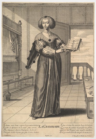 Grammatikk: en ung kvinne som står i et dekorert interiør og holder en åpen bok på venstre side..., 1633-35. av Gilles Rousselet