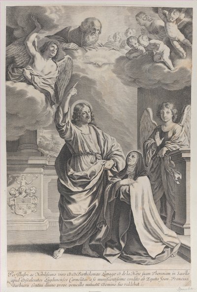 Den hellige Theresa ber sammen med Kristus, som peker oppover til Gud Faderen og ..., 1635-1700. av Gilles Rousselet