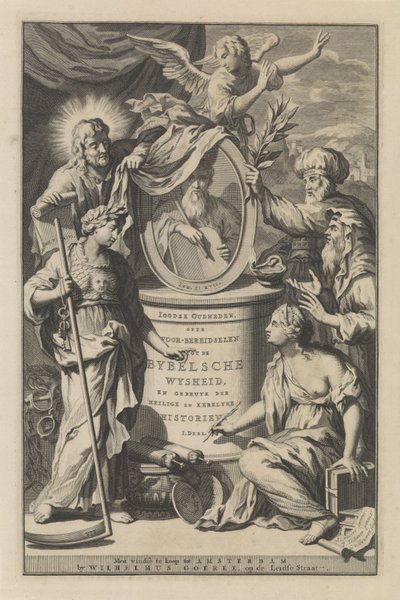 Bibelske figurer avslører portrettet av Moses Tittelside for Wilhelmus Goeree, Forberedelser til bibelsk visdom og bruk av hellige og kirkelige historier, 1690 av Gilliam van der Gouwen