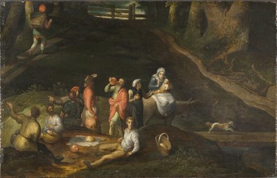 Paysage avec la Sainte Famille - Landskap med den hellige familie, av Mostaert, Gillis (1534-1598). Olje på tre av Gillis Mostaert