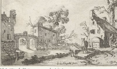 Gård og tårn ved en elv (Het Heor) Landskap med de fem sansene (serietittel) av Gillis van Scheyndel (I)