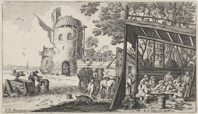 Bønder rundt et bord i en låve (Smaken) Landskap med de fem sansene (serietittel) av Gillis van Scheyndel (I)