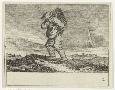 Sanddynelandskap med en fisker Verscheyden Strender og vannlandskap utført av Jan Percelles (serietittel) av Gillis van Scheyndel (I)