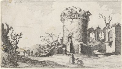 Fontene nær en ruin med et rundt tårn Tolv landskap (serietittel) av Gillis van Scheyndel (I)