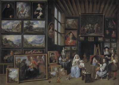 Et bildegalleri med en kunstner som maler en kvinne og en jente. Allegori over malerkunsten av Gillis van Tilborgh