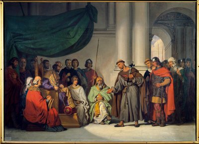 Første korstog: "" Den østlige keiser Alexis Comnene (1048-1118) mottar Peter Eremitten som kom for å formane ham til korstoget i Konstantinopel i august 1096"" Maleri av Gillot Saint Evre (1791-1858) 1839 Søn. 0,98 x 1,36 m Versailles. Chateau-museet av Gillot Saint Evre