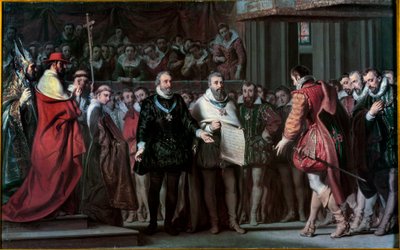 Filip II av Spania anerkjenner Henrik IV som konge av Frankrike Maleri av Gillot Saint Evre (1791-1858) 1837 Søn. 0,17x0,71 m av Gillot Saint Evre