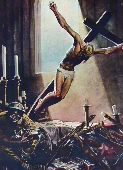 Anti-amerikansk WWII-plakat - Black American Pillaging Church - Plakat av Gino Boccasile (1901-1952) - Italian Propaganda Anti USA 1943 - Plakat av Gino Boccasile (1901-1952) av Gino Boccasile