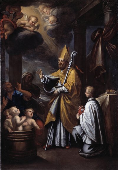 St Nicholas gjenoppliver tre barn (olje på lerret av Gio Raffaele Badaracco