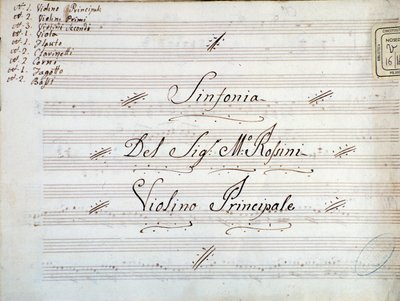 Detalj av første side av fiolinmusikalsk partitur for en symfoni av Gioacchino Rossini av Gioachino Rossini