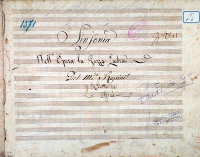 Første side med partitur av symfoni i La gazza ladra (The Thieving Magpie) av Gioacchino Rossini av Gioachino Rossini