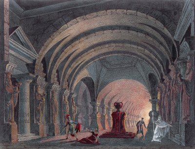 Scenografi for akt IV av Semiramide av Gioacchino Rossini (1792-1868), gravering av Gioachino Rossini