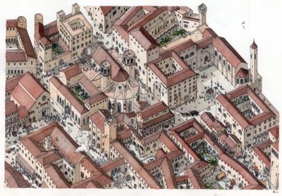 Middelalderen: rekonstruksjon av det historiske Barri Gotic-distriktet (barrio gotico) i Barcelona på 1300-tallet. Cathedrale Sainte-Eulalie (Saint Eulalie) er synlig. Spania Illustrasjon av Giorgio Albertini. (Bruken av denne forfatterens verk er ikke und av Giorgio Albertini
