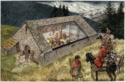 Rekonstruksjon av et sykehus (hospice eller tilfluktssted) for peleriner i Moncenisio (Montcenis) i Alpene, Italia av Giorgio Albertini