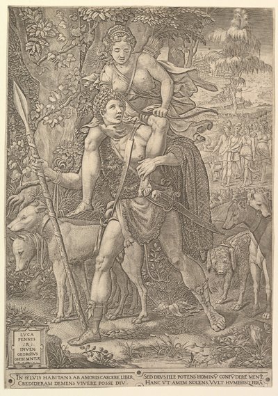 Allegory of the Hunt, en jeger som holder et stort spyd som bærer en kvinne Diana på shou..., 1556. av Giorgio Ghisi