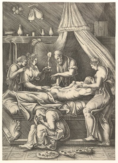 En allegori om sykdom, mann som legger seg på en seng omgitt av figurer, ca. 1540. av Giorgio Ghisi
