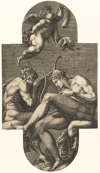 Apollo, Pan og en putto som blåser i horn, fra en serie på åtte komposisjoner etter Frankrike..., 1560-tallet. av Giorgio Ghisi