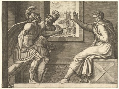 Caius Marius i fengsel, to kimbriske soldater på vei inn i cellen hans, 1560-69. av Giorgio Ghisi