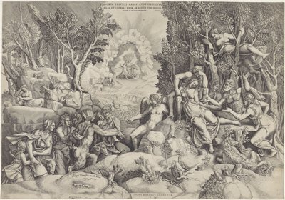 Cephalus en de Bosgoden beweenen de dood van Procris Procrinus av kongen av Athen / Datter og kone til Cephalus, av samme ektemann ubevisst (tittel på objekt) av Giorgio Ghisi