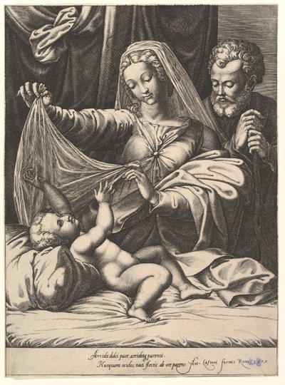 Madonna av Loreto, Jomfruen løfter et slør over barnet, som ligger på en seng og pute..., 1575. av Giorgio Ghisi