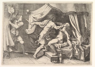 Tarquin angriper Lucretia, en tjener til venstre som var vitne til åstedet, ca. 1540. av Giorgio Ghisi